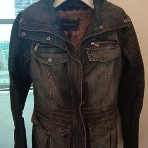 BCBG Jean Jacket Leather Sleeves XXS